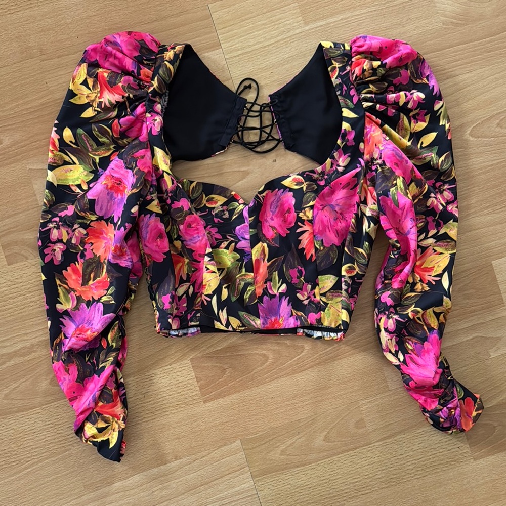 For Love And Lemons Pink Puff Sleeve Crop Blouse